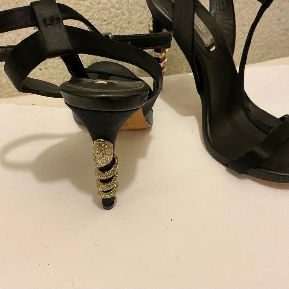 Vintage Y2K BCBGMAXAZRIA Black Satin Gold Multi-Ring Watch Heel Stiletto Sandals